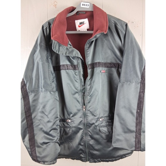 Vintage Nike Fleece Lined Nylon Jacket Mens Large Green Baggy Stand‎ Up Collar